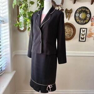 Vintage Y2K Sz 6P Blazer Dress Micro Polka Dot Office Siren Pink Bow Ruffle Suit